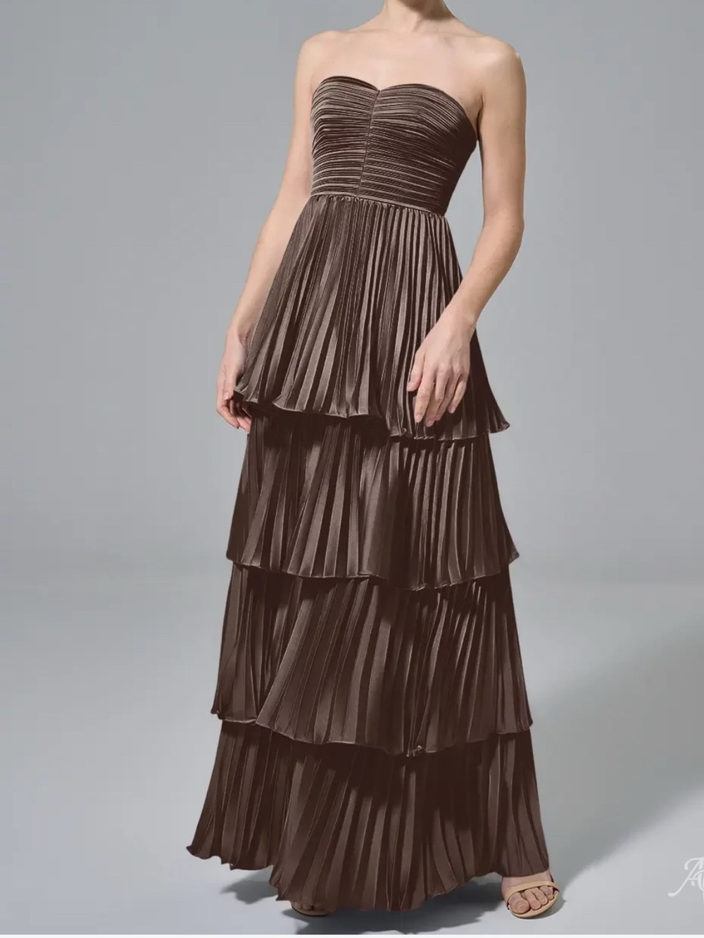 Strapless Tiered Pleated Maxi Dress in Seal Brown AW Bridal